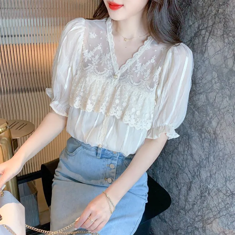 Lace Mesh Ruffle Trim Patchwork Chiffon Blouse