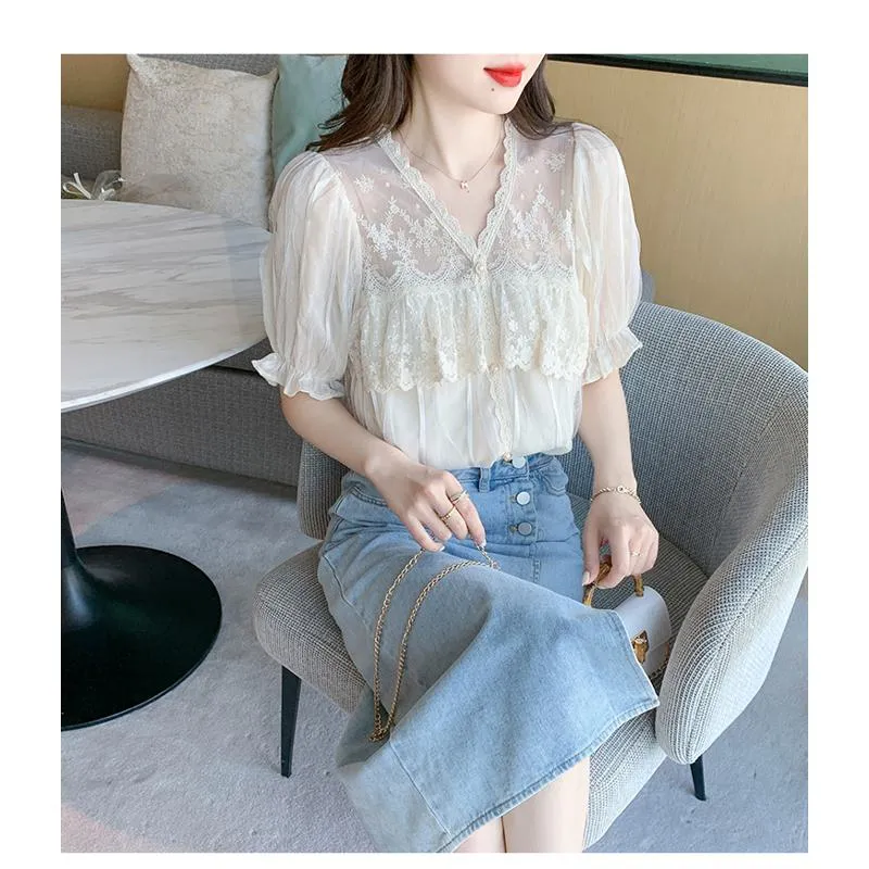 Lace Mesh Ruffle Trim Patchwork Chiffon Blouse