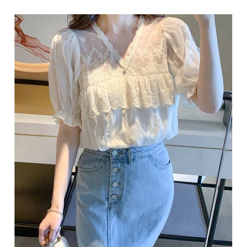 Lace Mesh Ruffle Trim Patchwork Chiffon Blouse