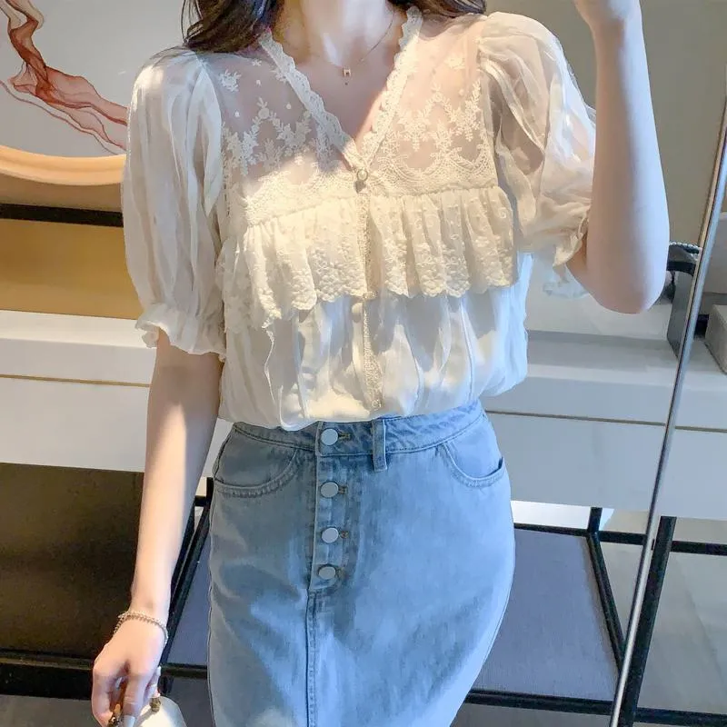 Lace Mesh Ruffle Trim Patchwork Chiffon Blouse