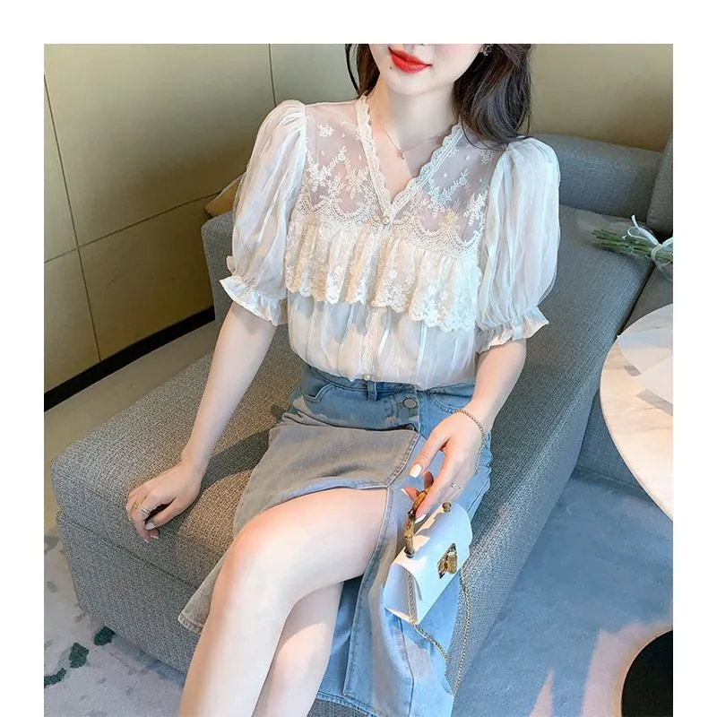 Lace Mesh Ruffle Trim Patchwork Chiffon Blouse