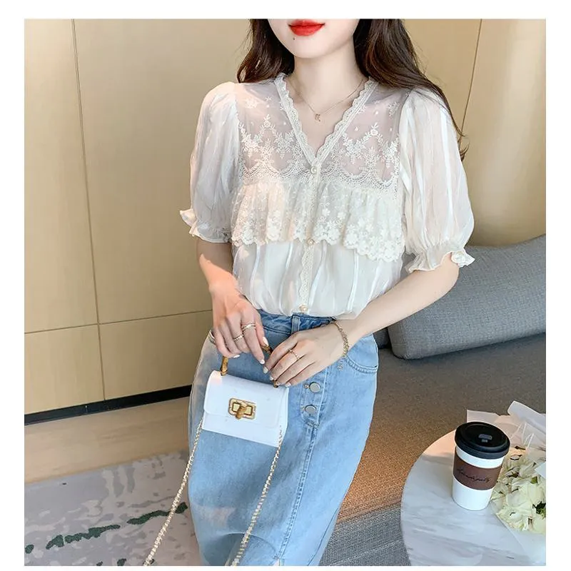 Lace Mesh Ruffle Trim Patchwork Chiffon Blouse