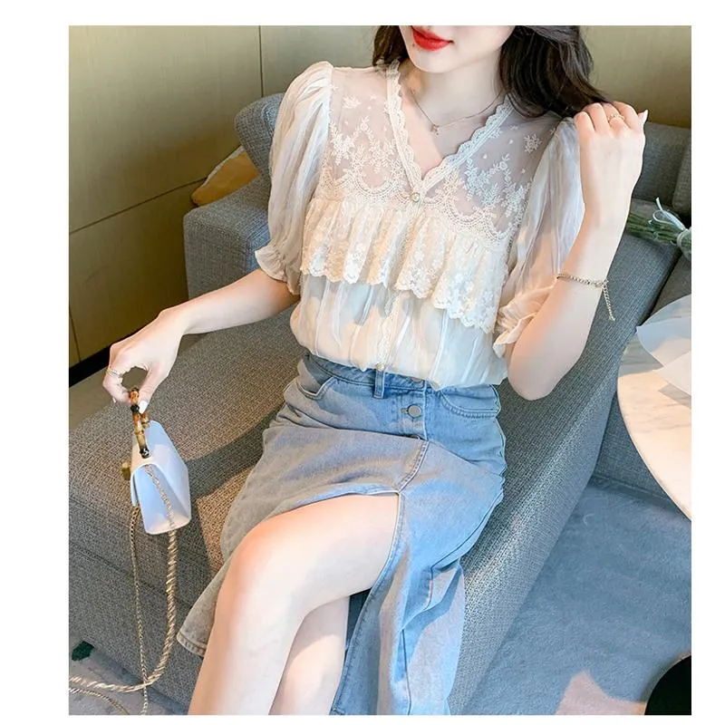 Lace Mesh Ruffle Trim Patchwork Chiffon Blouse