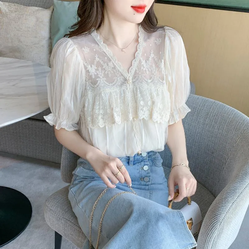 Lace Mesh Ruffle Trim Patchwork Chiffon Blouse