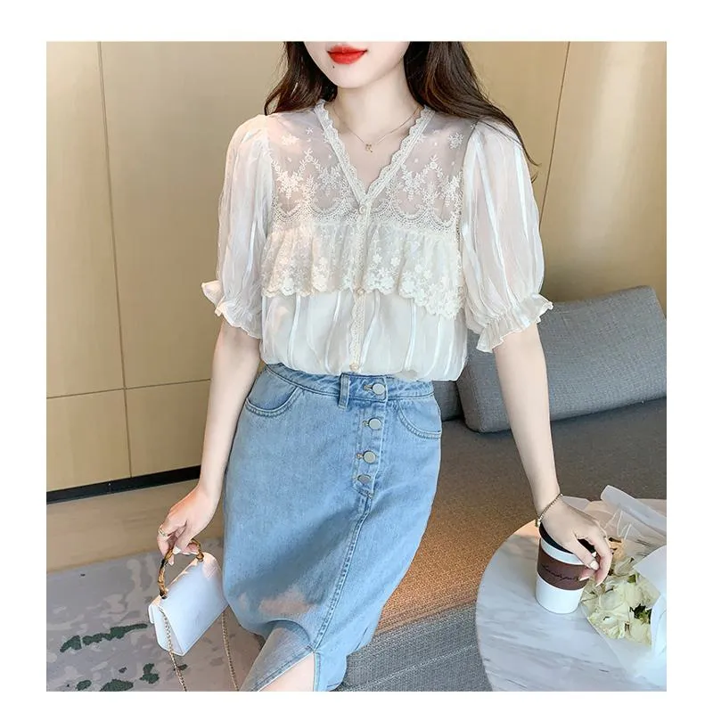 Lace Mesh Ruffle Trim Patchwork Chiffon Blouse