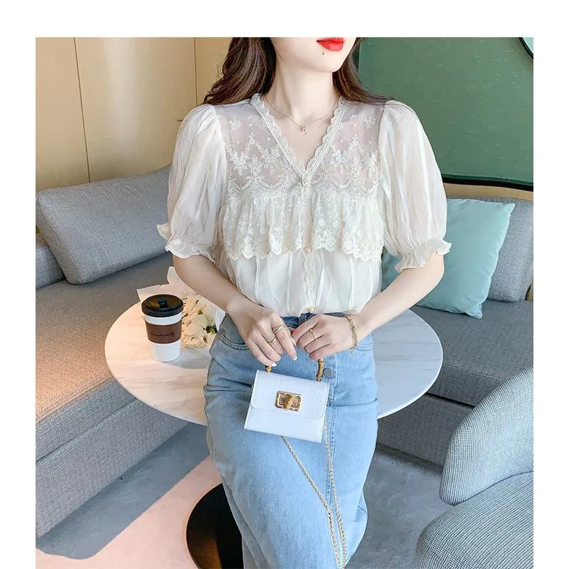 Lace Mesh Ruffle Trim Patchwork Chiffon Blouse