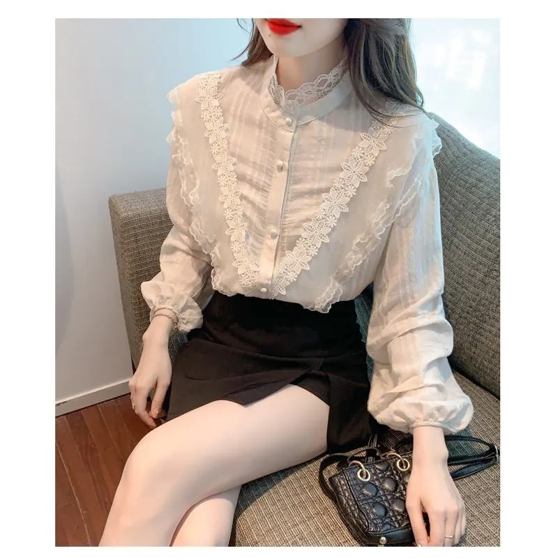 Lace Ruffle Trim Bubble Sleeve Chiffon Blouse