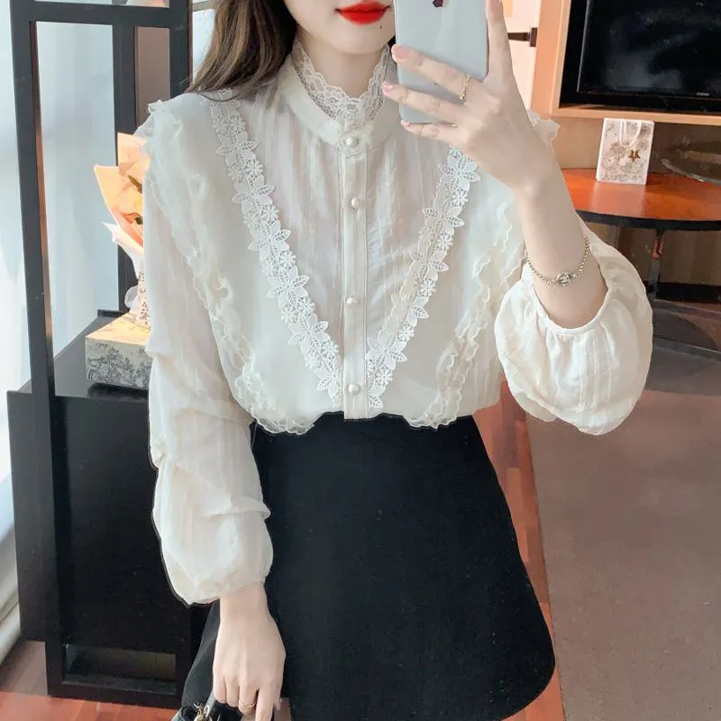 Lace Ruffle Trim Bubble Sleeve Chiffon Blouse