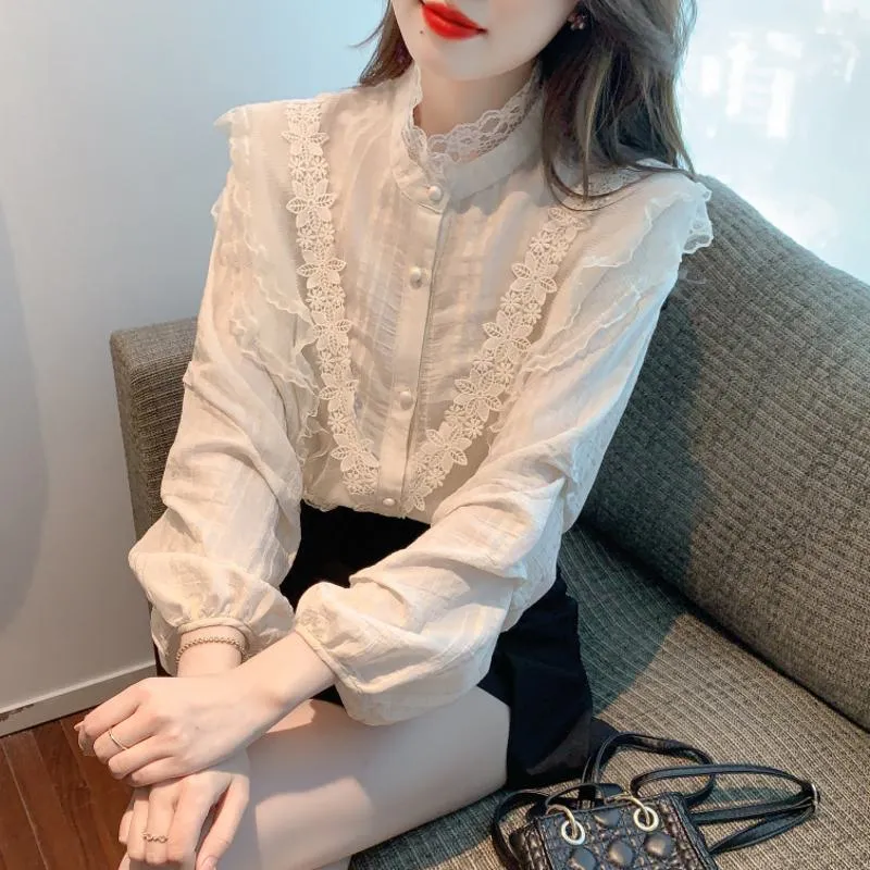 Lace Ruffle Trim Bubble Sleeve Chiffon Blouse