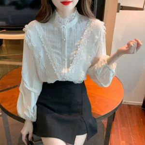 Lace Ruffle Trim Bubble Sleeve Chiffon Blouse