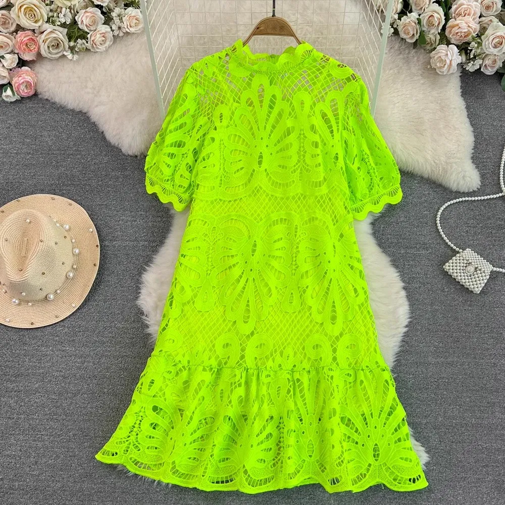 lantern sleeves A-line lace dress      S4175