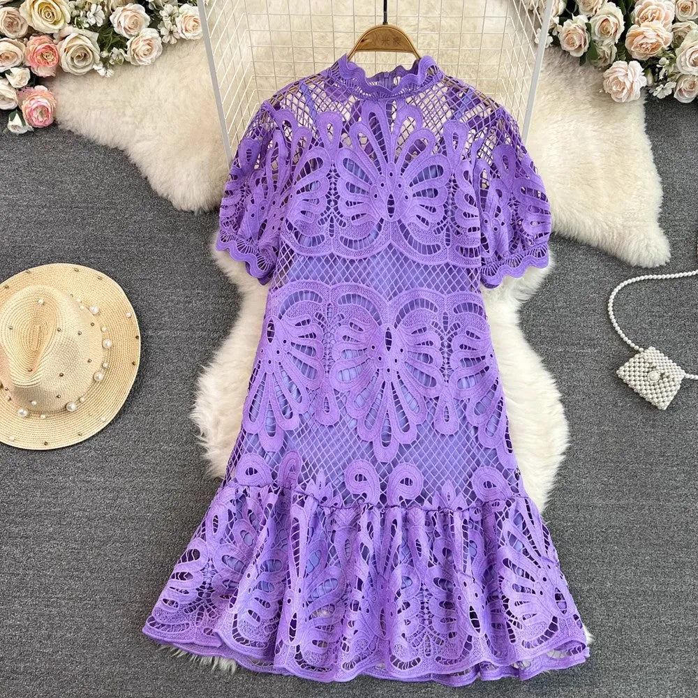 lantern sleeves A-line lace dress      S4175