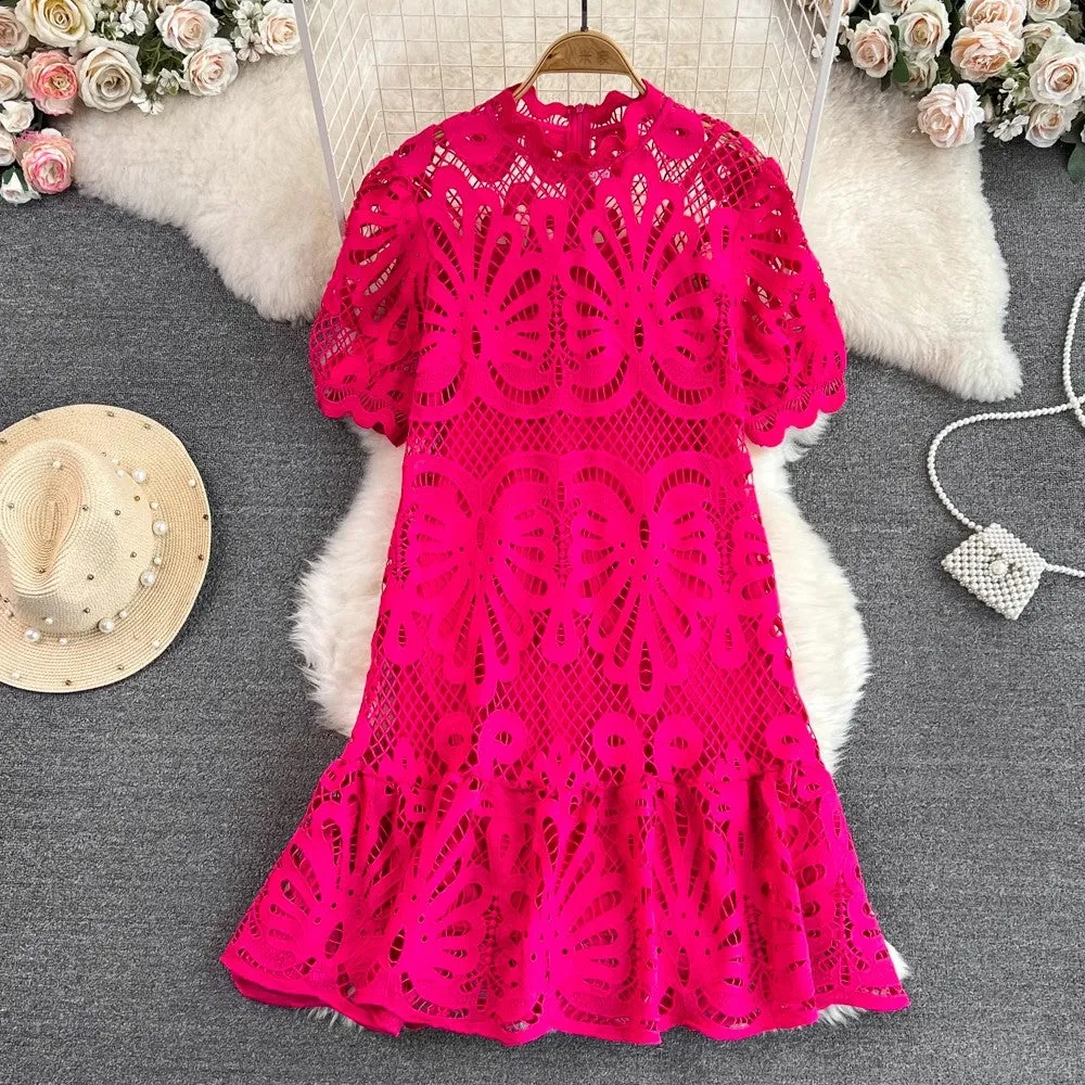 lantern sleeves A-line lace dress      S4175