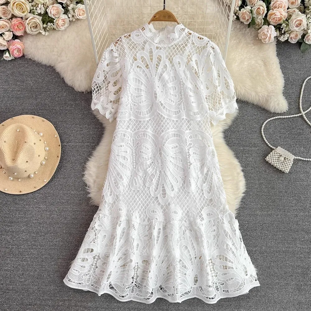 lantern sleeves A-line lace dress      S4175