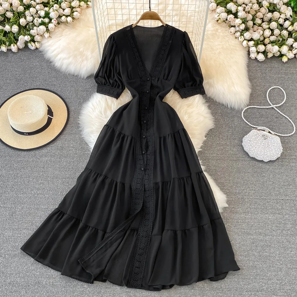 Long Skirt V-neck Lace Dress     S4454