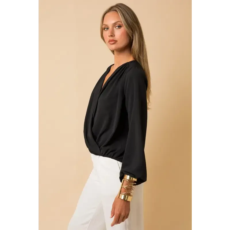 Long Sleeve Surplice Shoulder Shirring Top