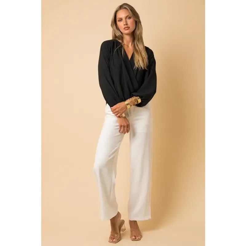 Long Sleeve Surplice Shoulder Shirring Top