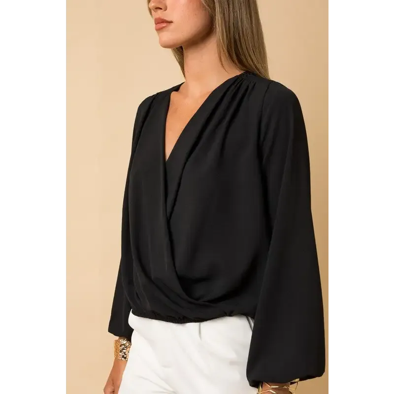 Long Sleeve Surplice Shoulder Shirring Top