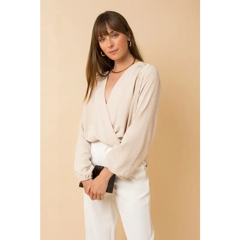 Long Sleeve Surplice Shoulder Shirring Top