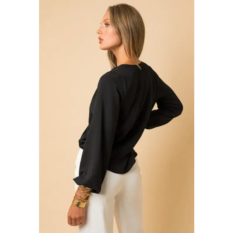 Long Sleeve Surplice Shoulder Shirring Top