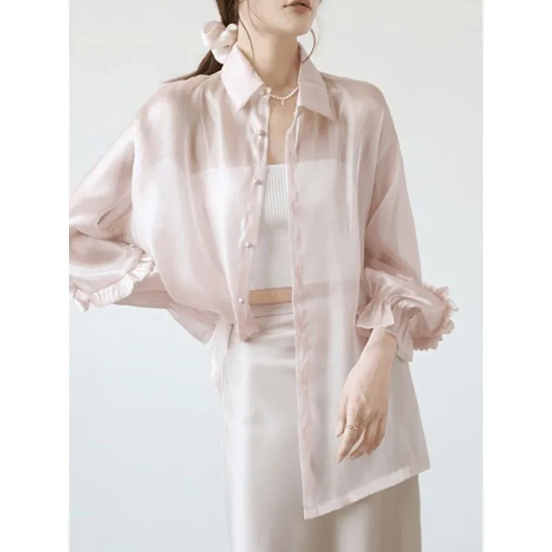 Loose Fit Sun Protection Perspective Bell Sleeve Thin Shirt