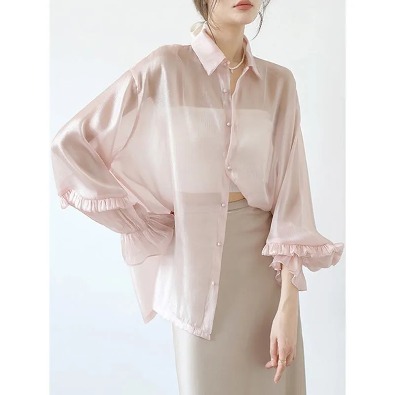 Loose Fit Sun Protection Perspective Bell Sleeve Thin Shirt