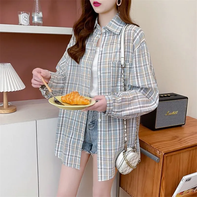 Loose Fit Thin Plaid Anti-Aging Cotton Sun Protection Casual Shirt