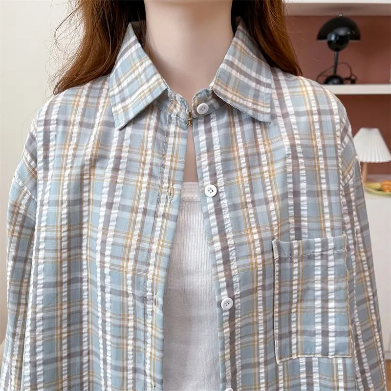 Loose Fit Thin Plaid Anti-Aging Cotton Sun Protection Casual Shirt