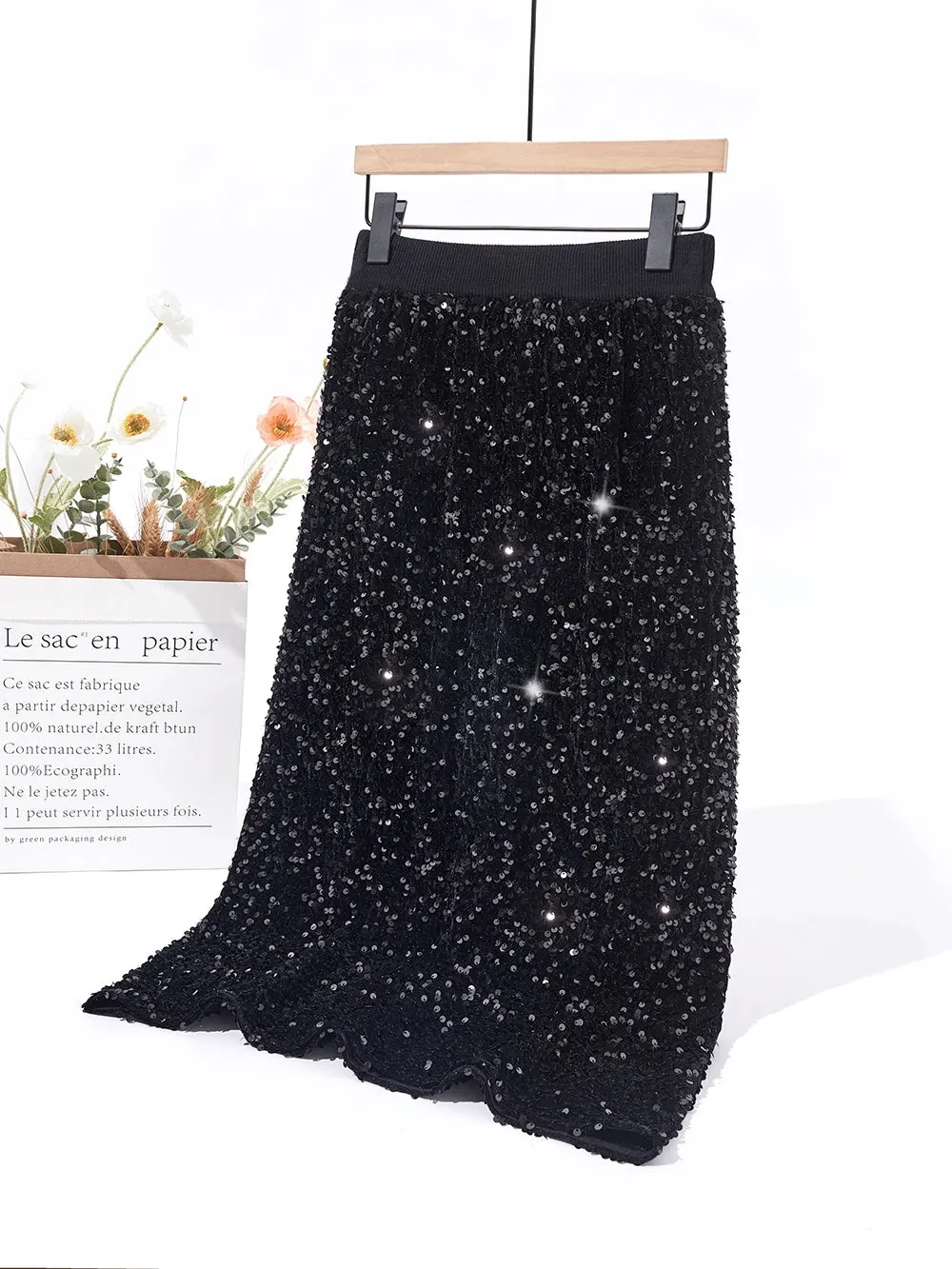 Luxury High Qulaity Women Midi Skirts Autumn Winter Euroepan Style Sequin Solid Color Thick Warm Wool Knitting Skirts C-233