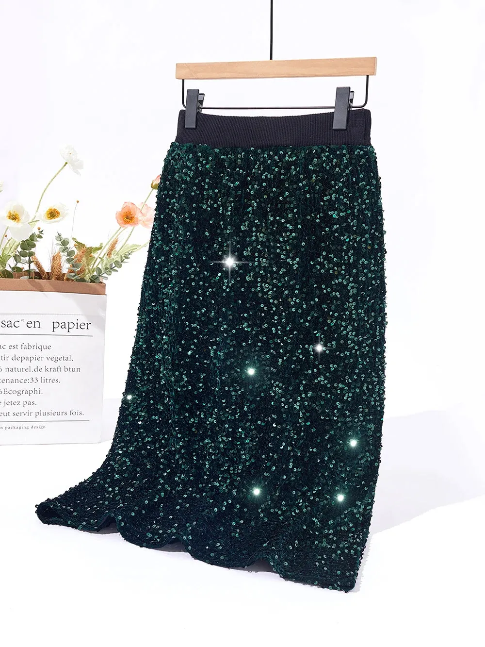 Luxury High Qulaity Women Midi Skirts Autumn Winter Euroepan Style Sequin Solid Color Thick Warm Wool Knitting Skirts C-233