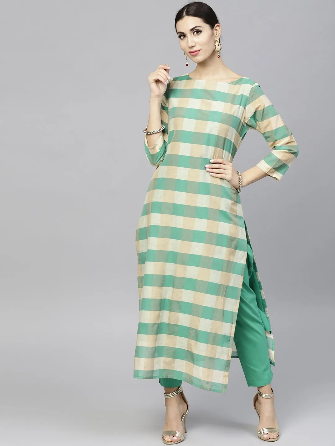 Multi Colored Checked Kurta Set With Straight Pant