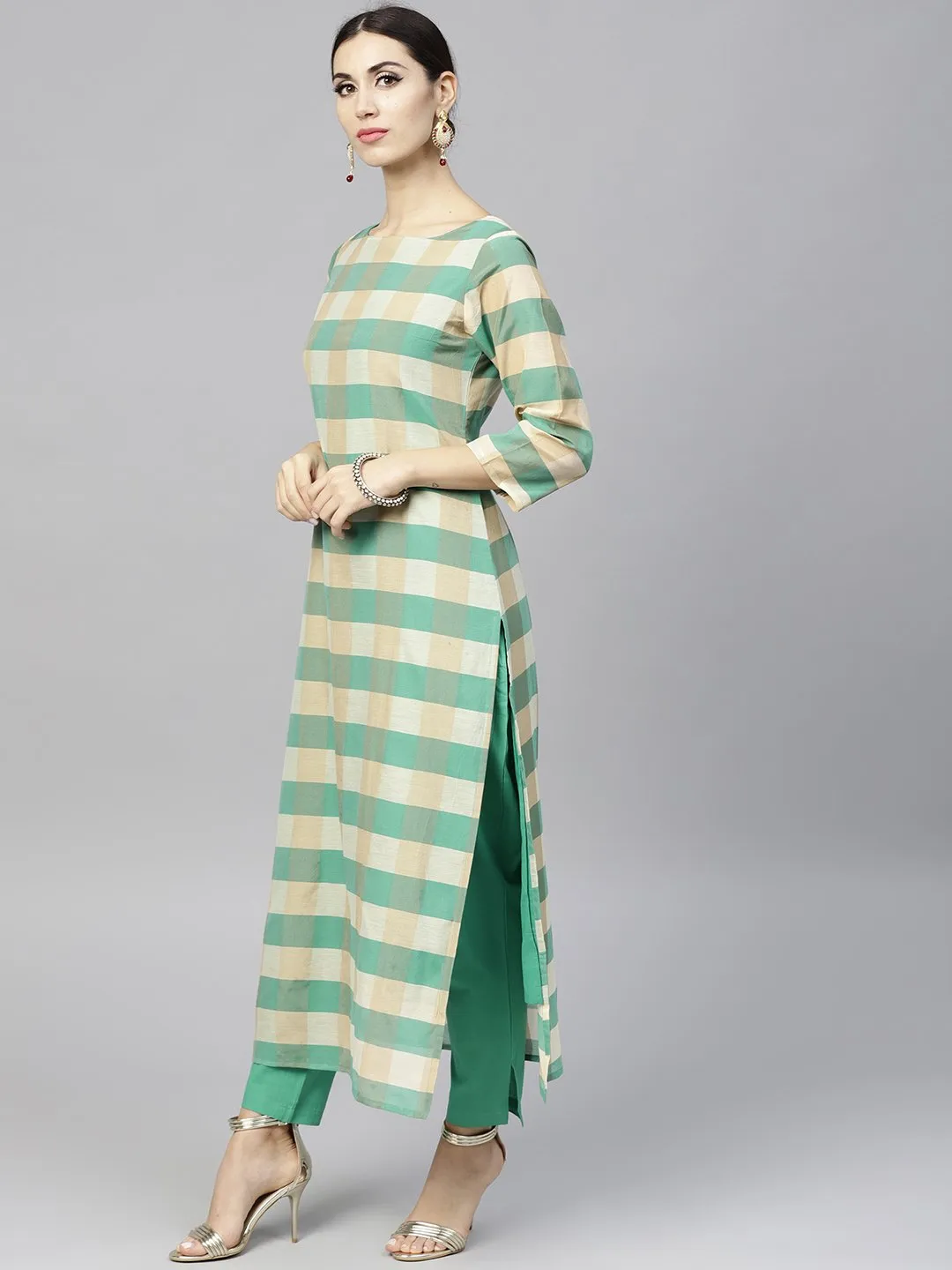 Multi Colored Checked Kurta Set With Straight Pant