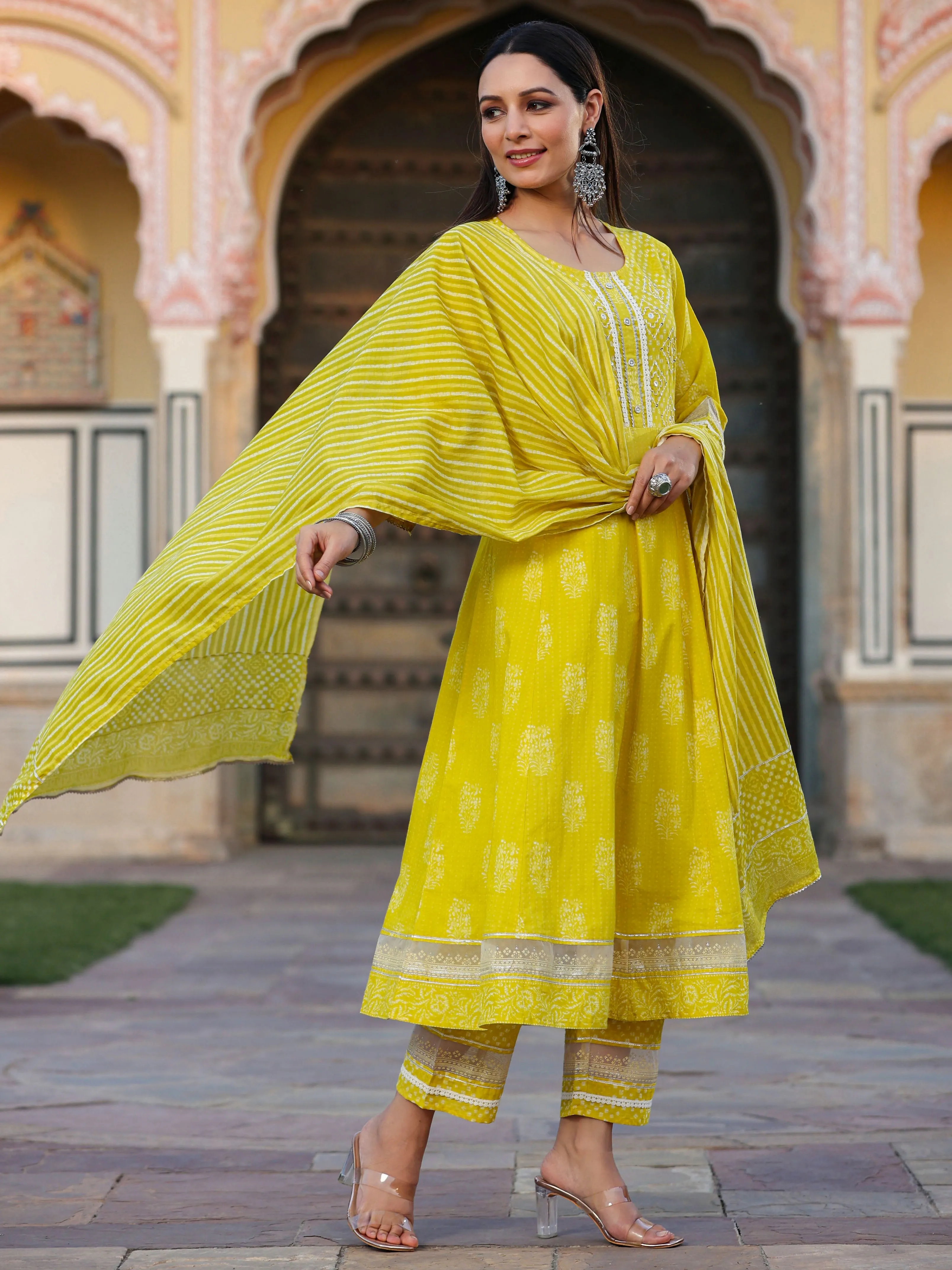 Mustard Cambric Printed Flared Kurta Sets