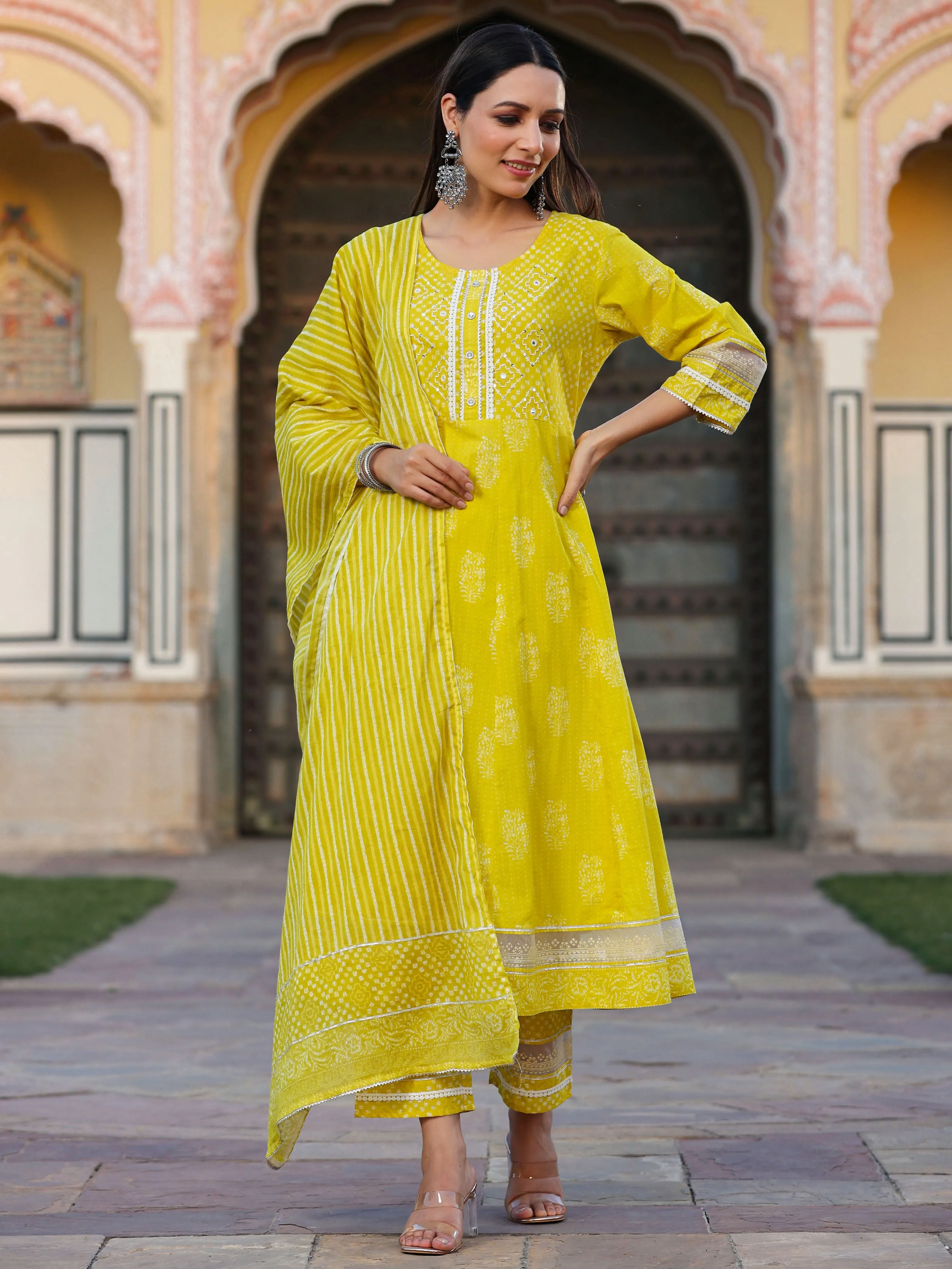 Mustard Cambric Printed Flared Kurta Sets