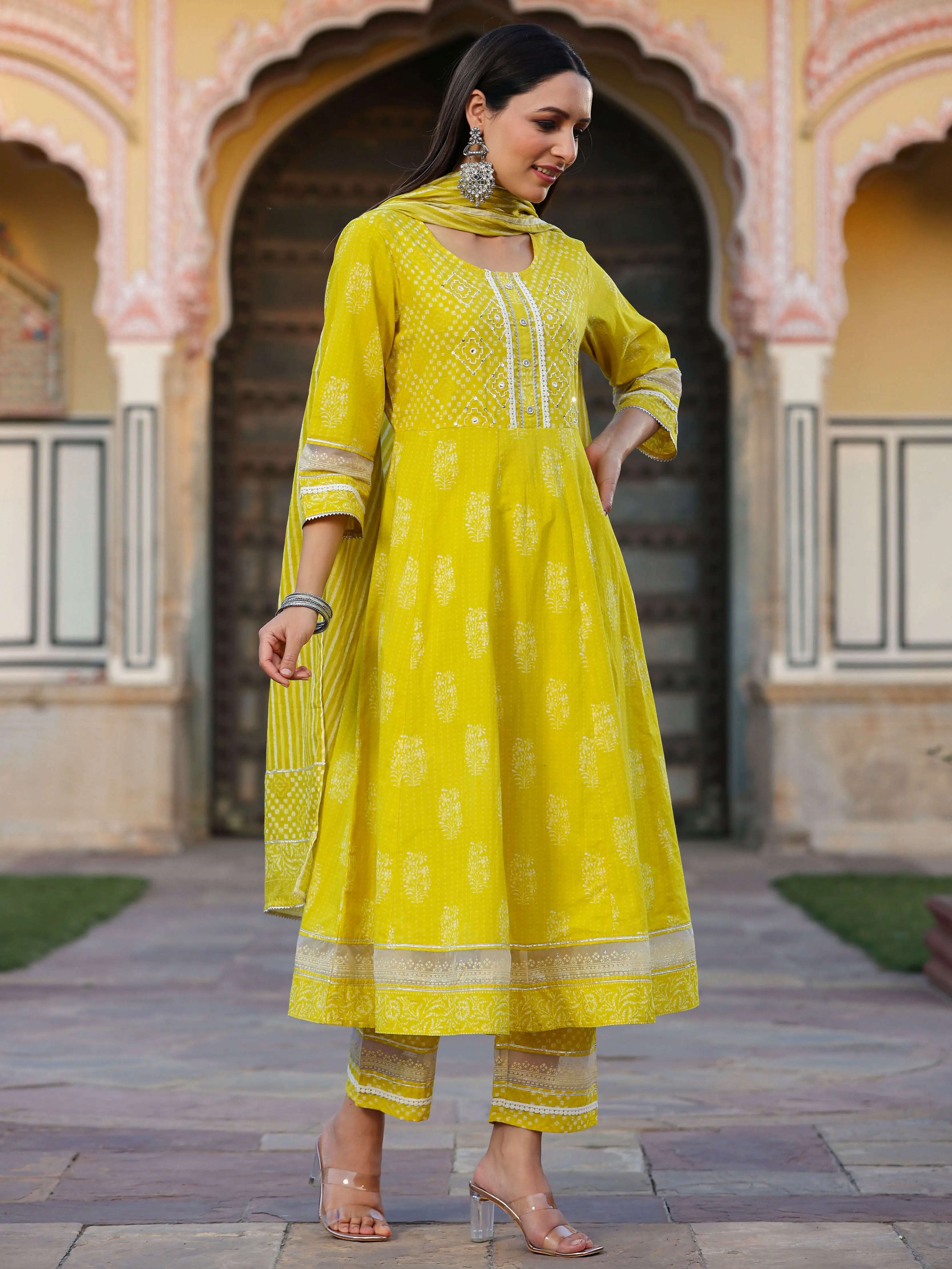 Mustard Cambric Printed Flared Kurta Sets