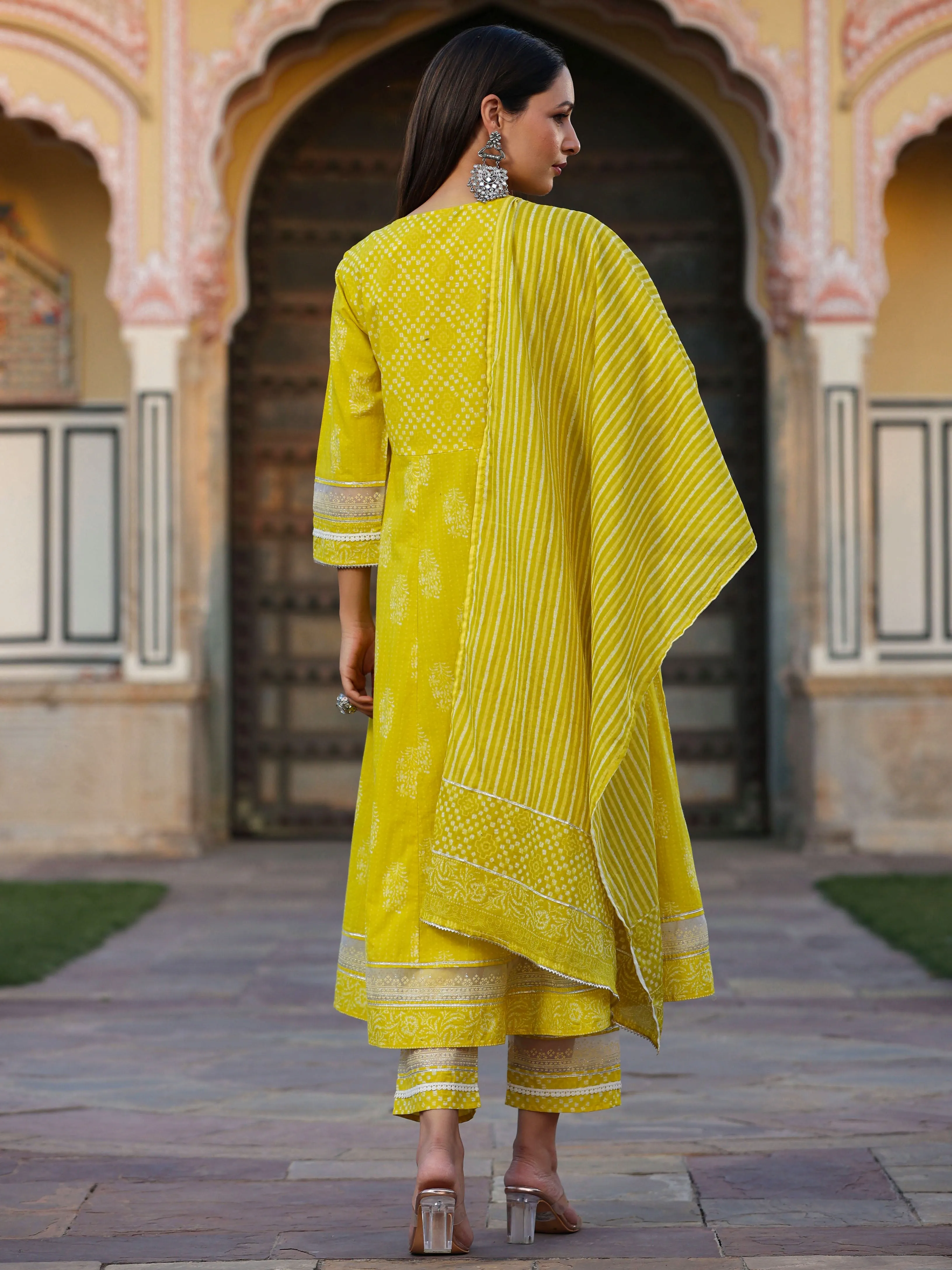 Mustard Cambric Printed Flared Kurta Sets