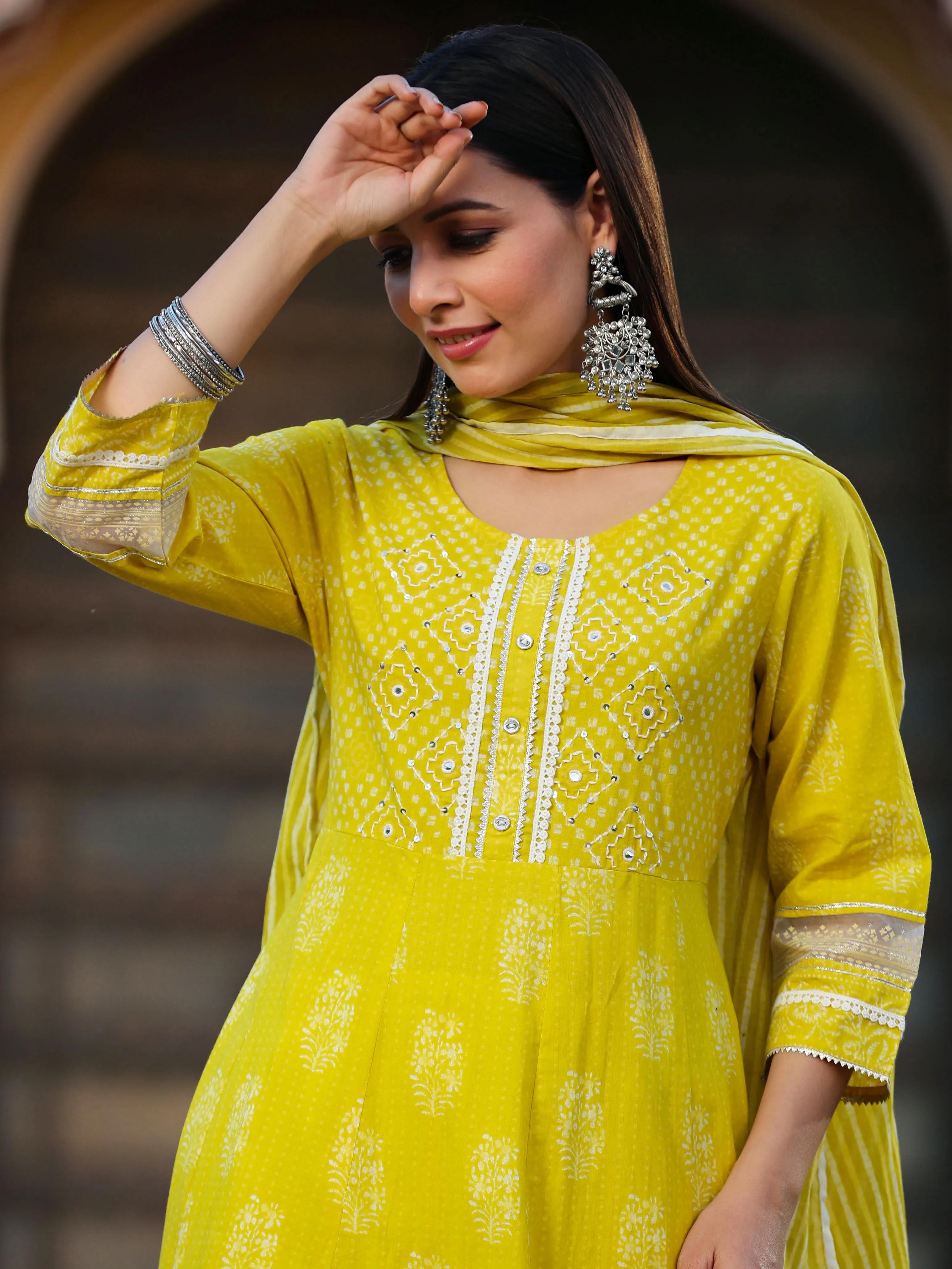 Mustard Cambric Printed Flared Kurta Sets