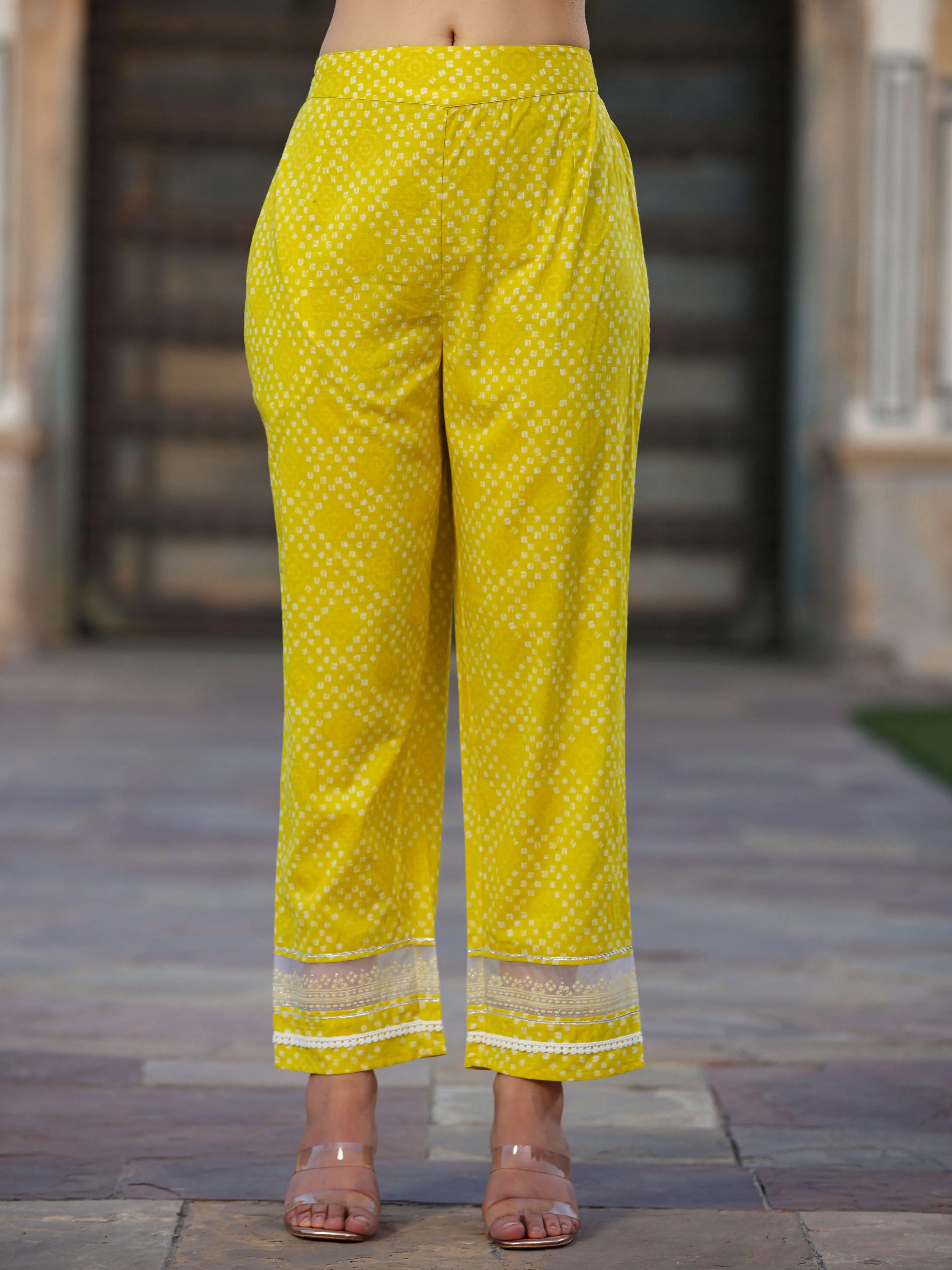 Mustard Cambric Printed Flared Kurta Sets