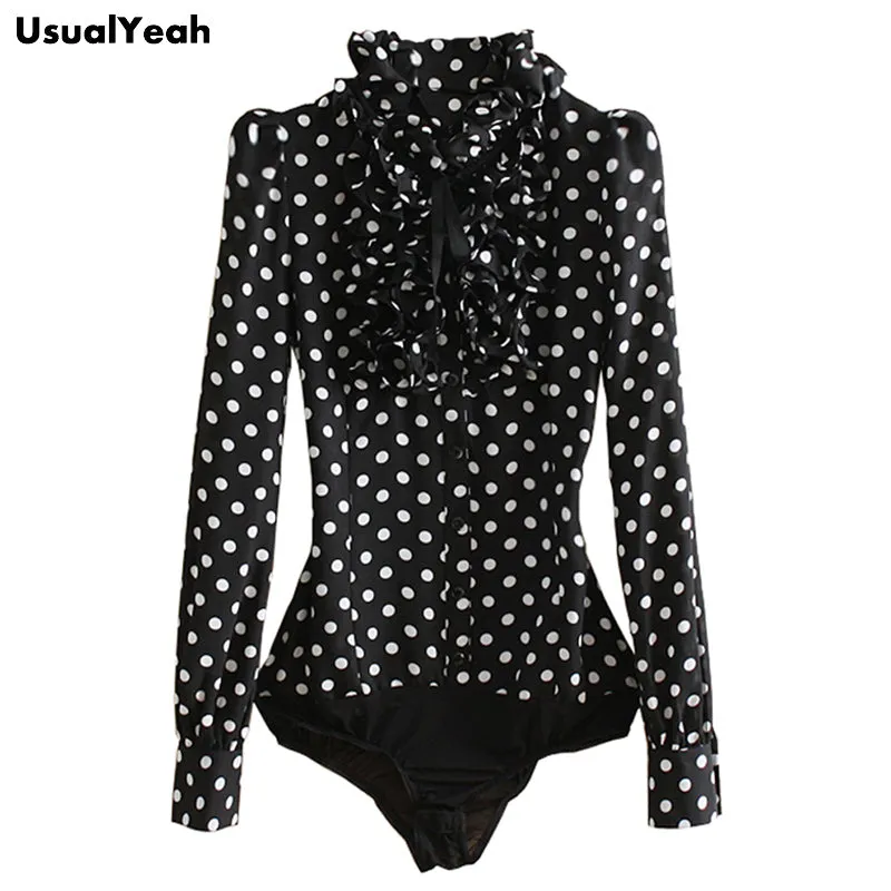 New 2017 Hot Fashion Korea Style Vintage Chiffon Polka Dots Women's Body Blouse Tops Shirt Stand Collar Ruffles S M L XL SY0185