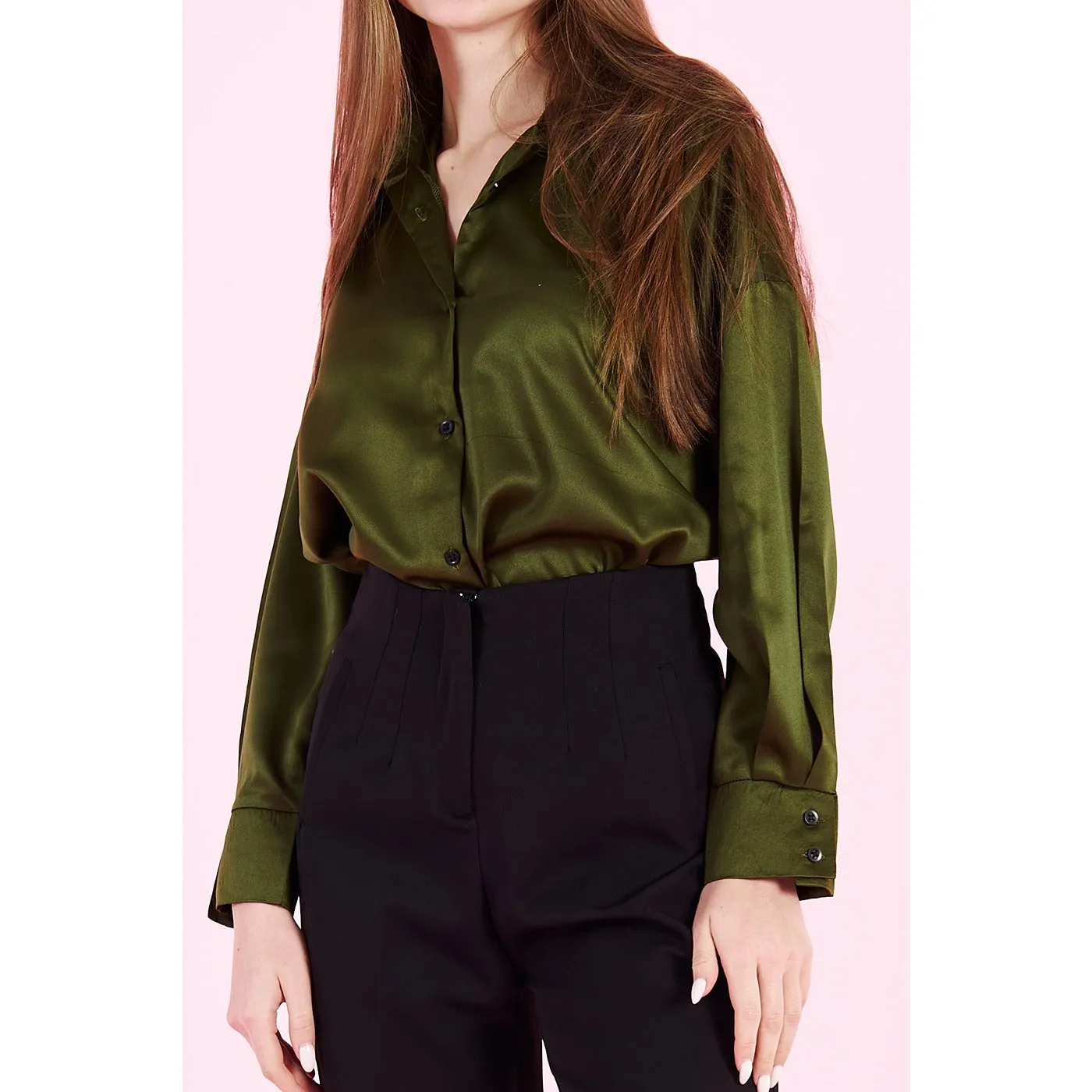 Olive Button Down Satin Shirt