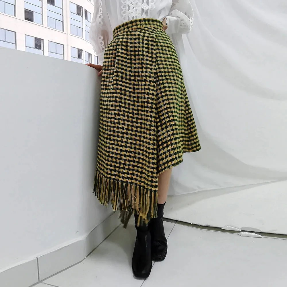 Patchwork Fringe Hem Skirt For Women High Waist Irregular Hem Colorblock Long Skirts Female Summer Clothes