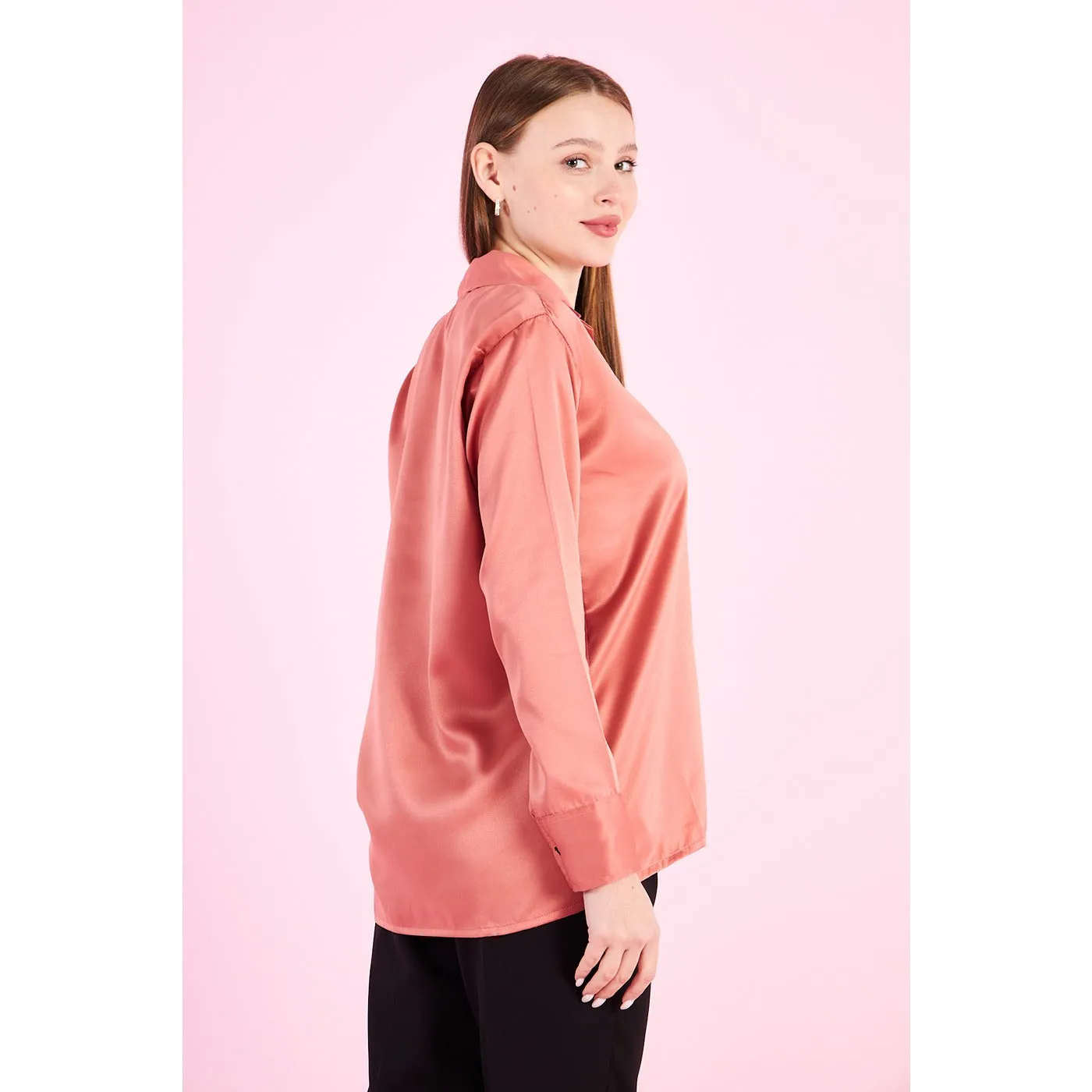 Pink Cuban Collar Satin Shirt