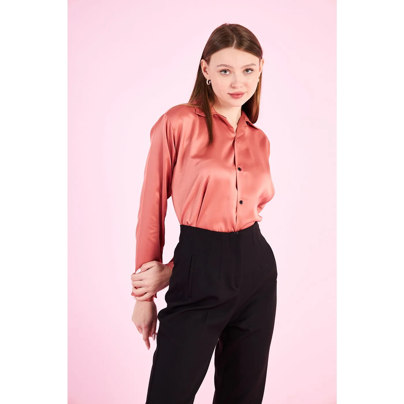 Pink Cuban Collar Satin Shirt