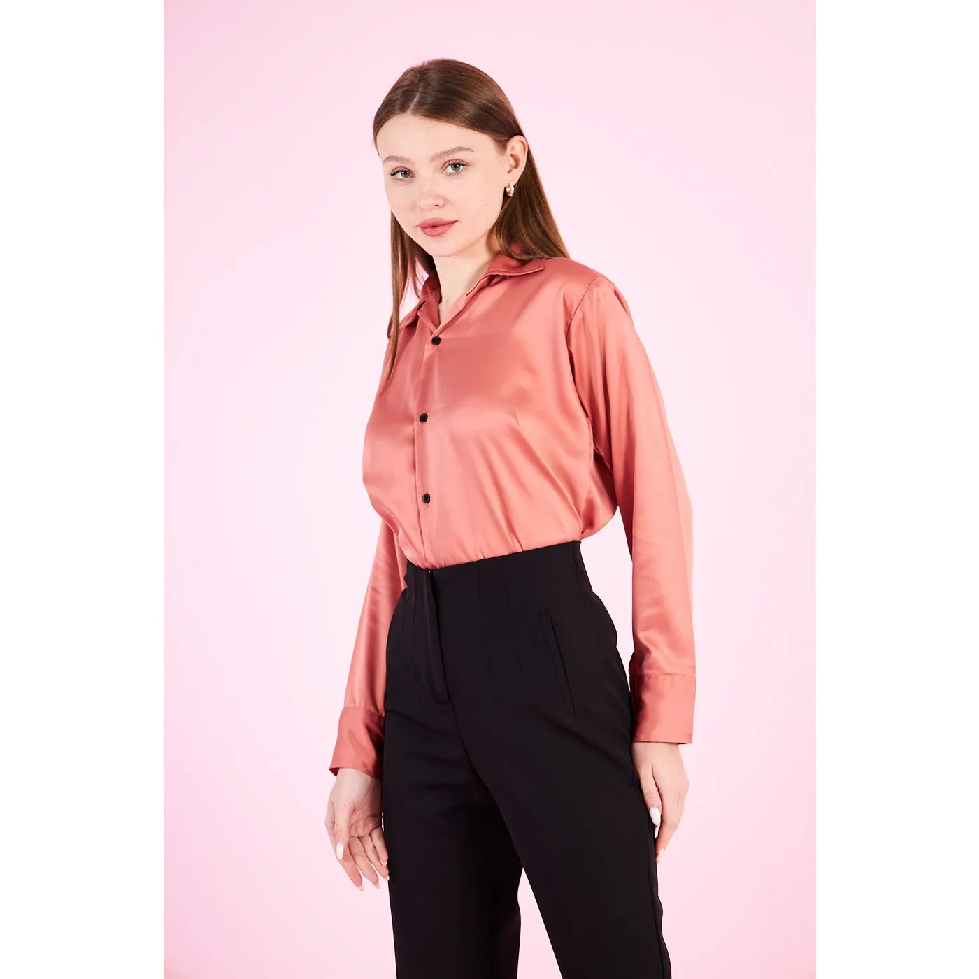 Pink Cuban Collar Satin Shirt