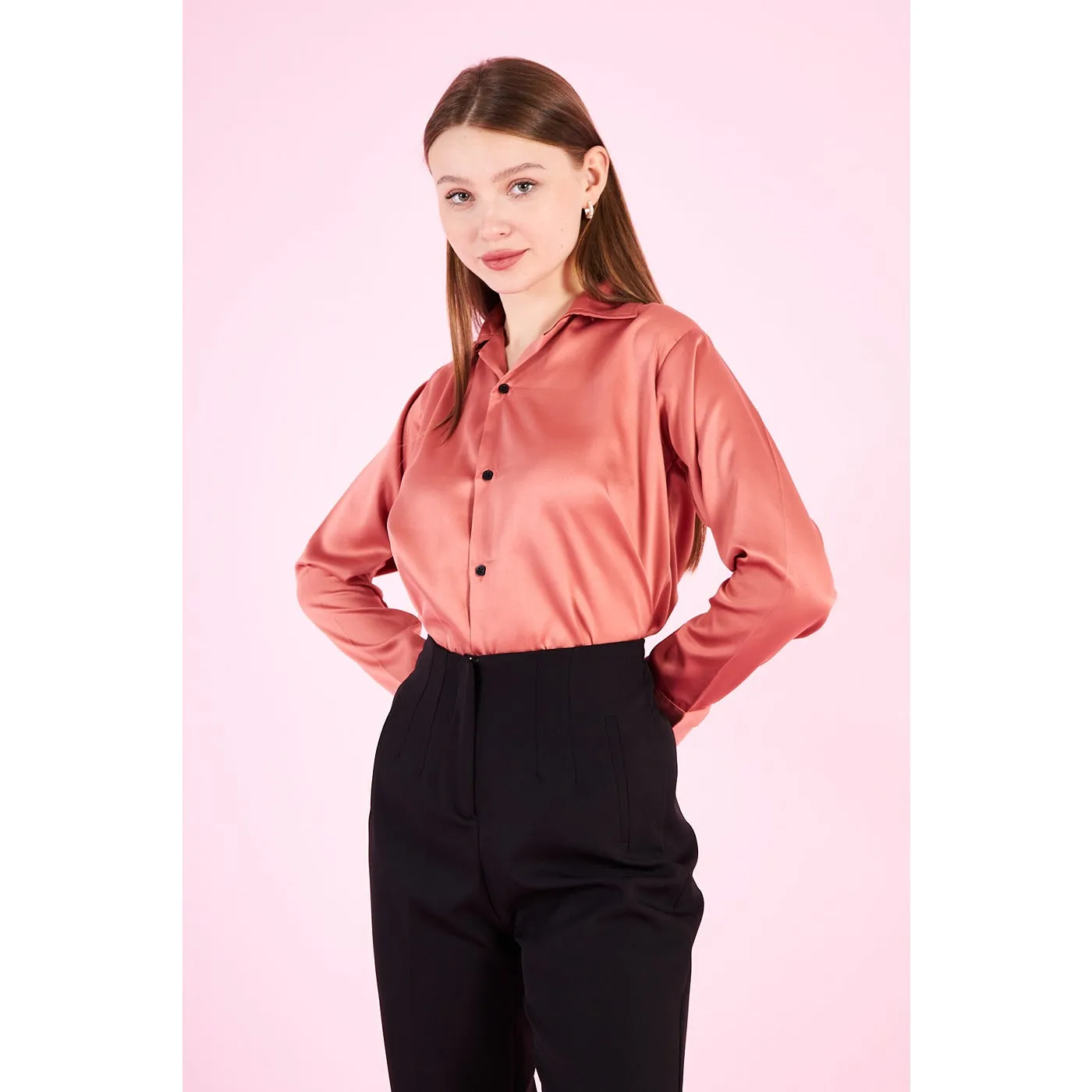 Pink Cuban Collar Satin Shirt