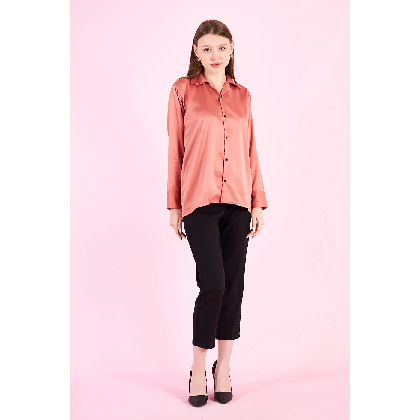 Pink Cuban Collar Satin Shirt