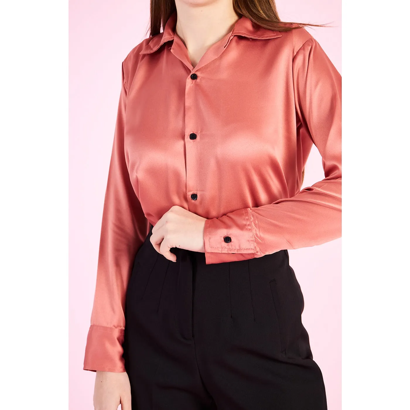 Pink Cuban Collar Satin Shirt