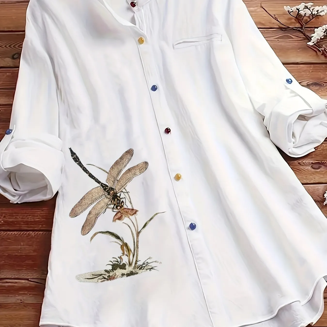 Plus Size Dragonfly Print Lapel Collar Long Sleeve Casual Blouse - Soft Cotton Blend, Non-Stretch, Semi-Sheer, Button Front, Positioning Printing, All-Season Shirting for Women