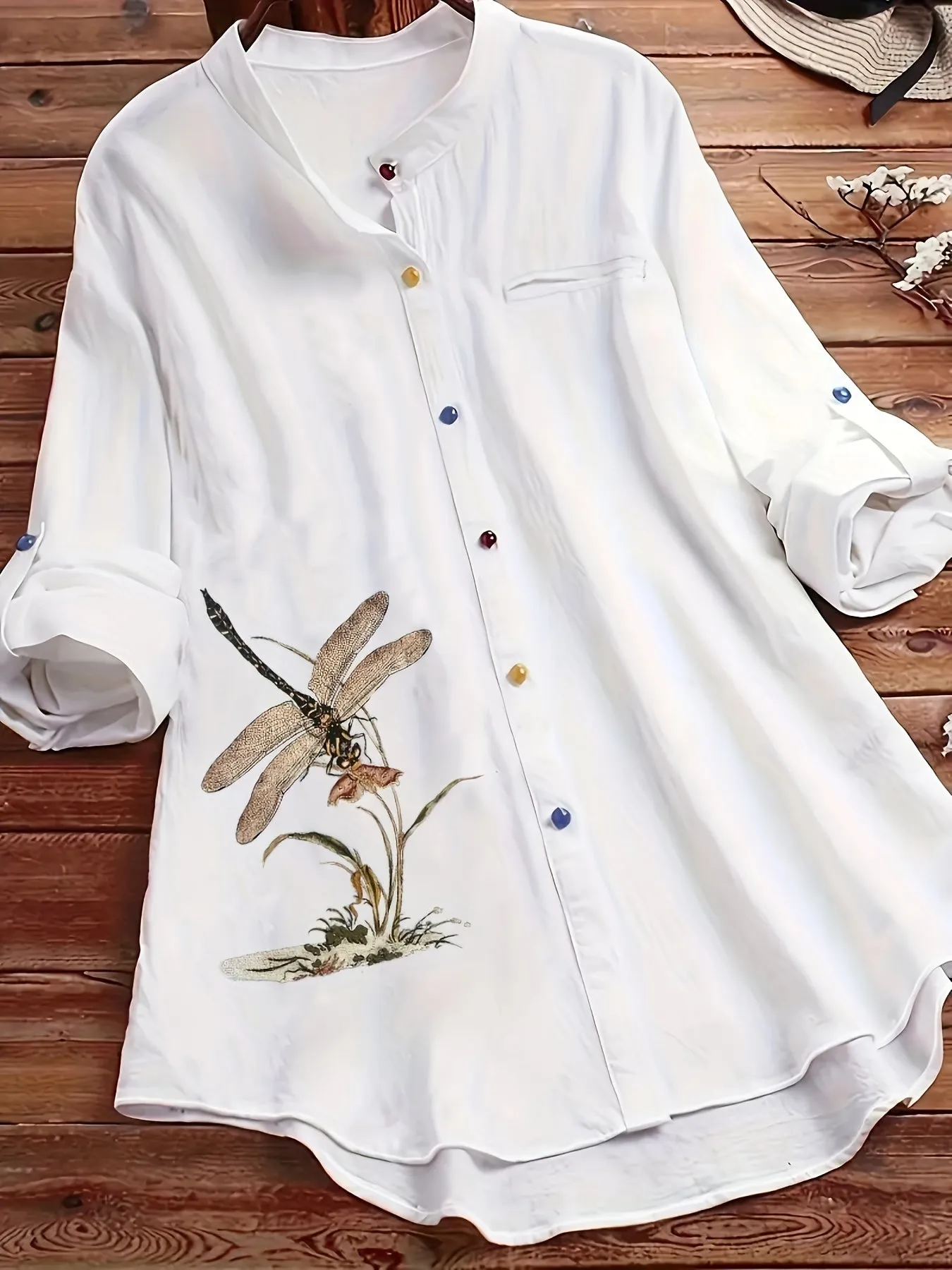 Plus Size Dragonfly Print Lapel Collar Long Sleeve Casual Blouse - Soft Cotton Blend, Non-Stretch, Semi-Sheer, Button Front, Positioning Printing, All-Season Shirting for Women