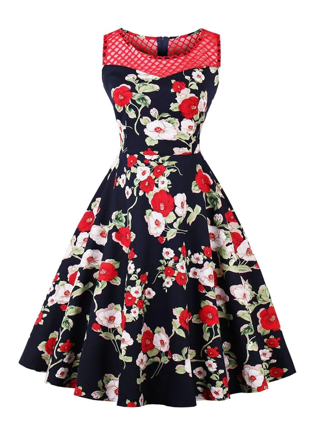 Red 1950s Floral Print Sleeveless Dress